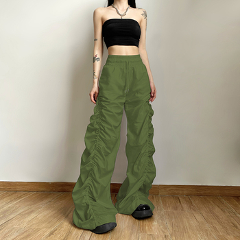 Ženske casual hlače, visokim strukom, širok kroj, detalj naboravanja i vezanja šnirom, poliester, gradski stil