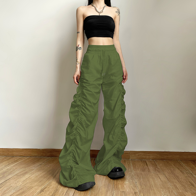 Ženske casual hlače, visokim strukom, širok kroj, detalj naboravanja i vezanja šnirom, poliester, gradski stil