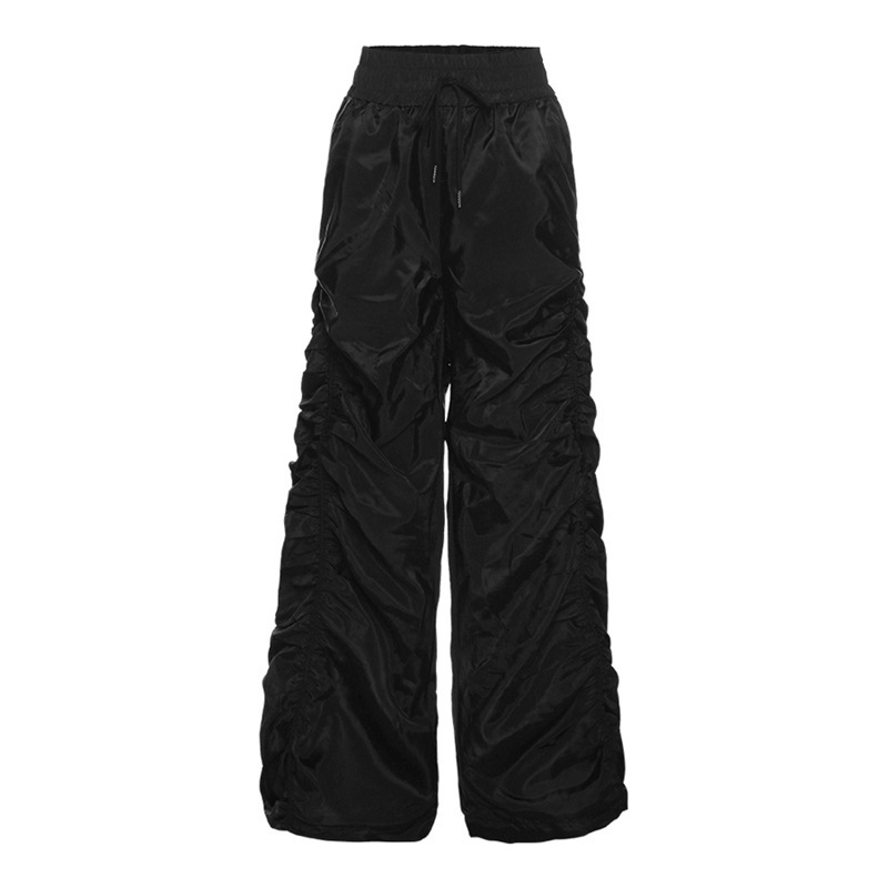 Ženske casual hlače, visokim strukom, širok kroj, detalj naboravanja i vezanja šnirom, poliester, gradski stil