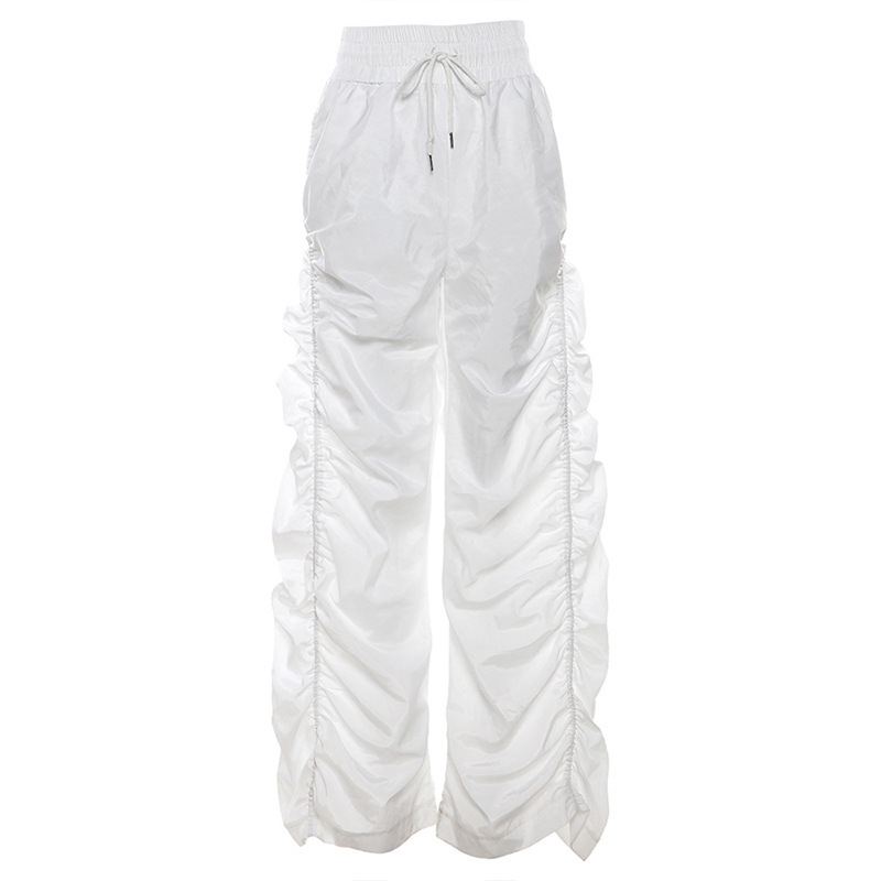 Ženske casual hlače, visokim strukom, širok kroj, detalj naboravanja i vezanja šnirom, poliester, gradski stil
