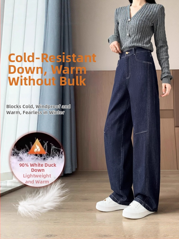 Moteriškos pūkinių kelnių žiemai, storos, tiesus kirpimas, aukštas liemuo, balto antis pūno įdėklas 80–90%