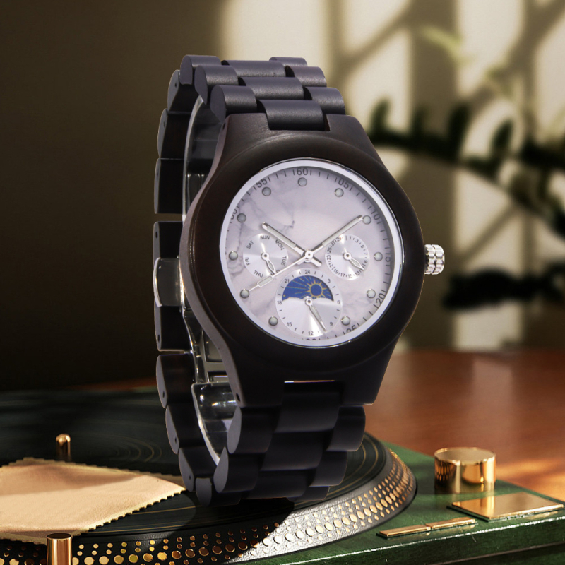 Unisex drveni kvarcni sat s emajliranim brojčanikom, motiv Sunca-Mjeseca-Zvijezda, s tri kazaljke