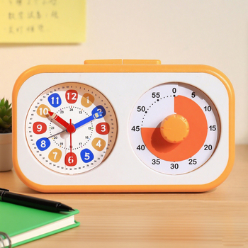 Alarmni sat s vizualnim tajmerom za djecu i učenike; napaja se baterijom; analogni prikaz s kazaljkama i brojevima; glatko kretanje sekunde; ABS kućište; PVC brojčanik