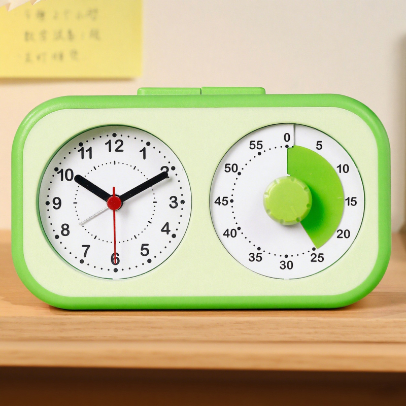Alarmni sat s vizualnim tajmerom za djecu i učenike; napaja se baterijom; analogni prikaz s kazaljkama i brojevima; glatko kretanje sekunde; ABS kućište; PVC brojčanik