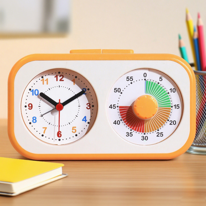 Alarmni sat s vizualnim tajmerom za djecu i učenike; napaja se baterijom; analogni prikaz s kazaljkama i brojevima; glatko kretanje sekunde; ABS kućište; PVC brojčanik
