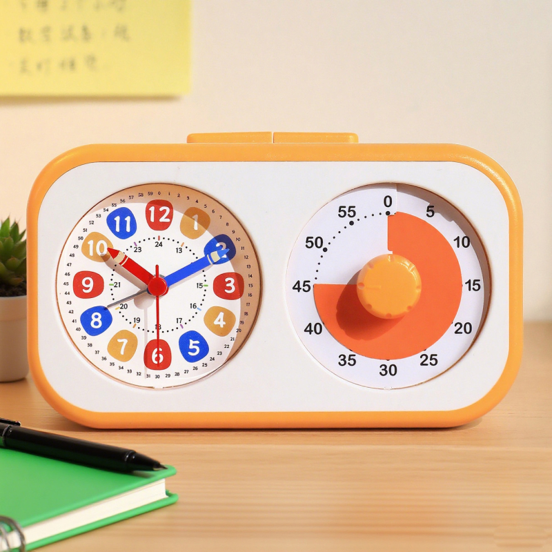 Alarmni sat s vizualnim tajmerom za djecu i učenike; napaja se baterijom; analogni prikaz s kazaljkama i brojevima; glatko kretanje sekunde; ABS kućište; PVC brojčanik