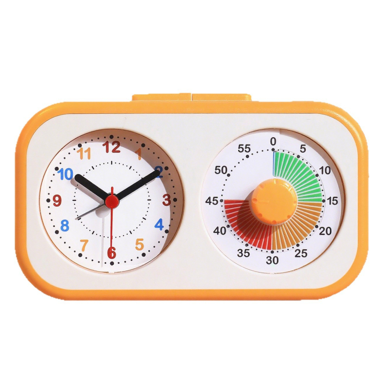 Alarmni sat s vizualnim tajmerom za djecu i učenike; napaja se baterijom; analogni prikaz s kazaljkama i brojevima; glatko kretanje sekunde; ABS kućište; PVC brojčanik