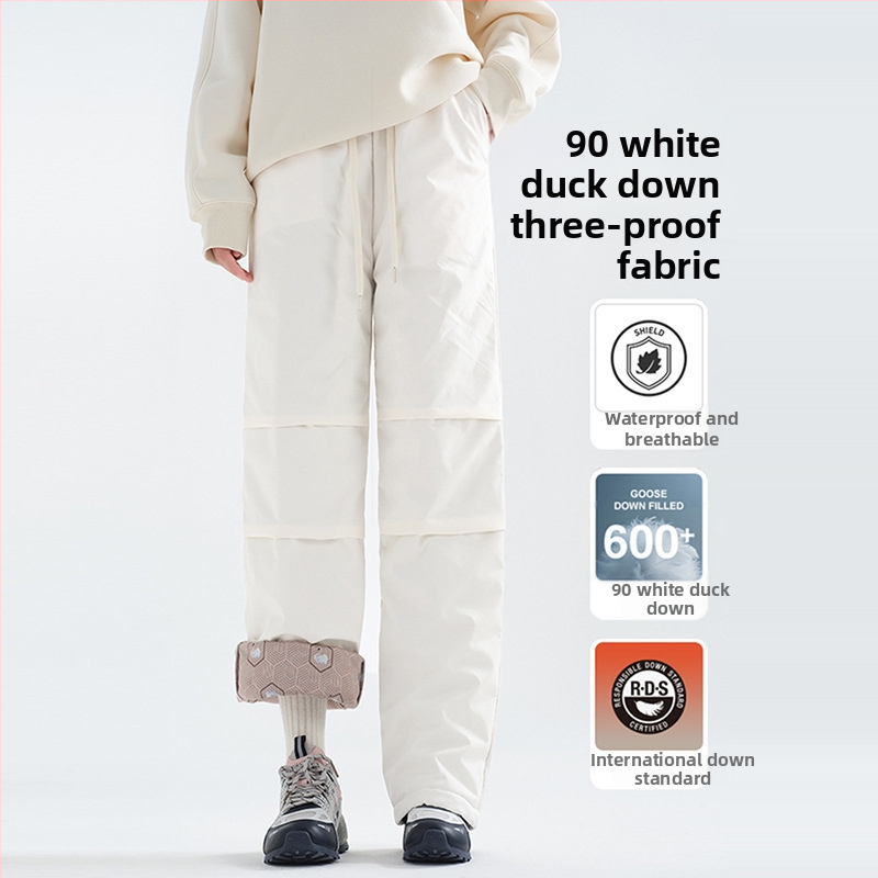 Moterys žieminės pūkų kelnes, tiesus kirpimas, aukštas juosmuo, užpildas 80–90% pūkų, pagrindinis audinys 95% poliesteris (Žiemos 2025)