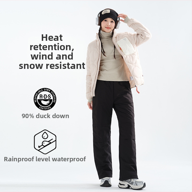 Moterys žieminės pūkų kelnes, tiesus kirpimas, aukštas juosmuo, užpildas 80–90% pūkų, pagrindinis audinys 95% poliesteris (Žiemos 2025)