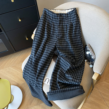 Ženske široke hlače s visokim pasom, fleece podstava, karirani uzorak, 80-90% poliester