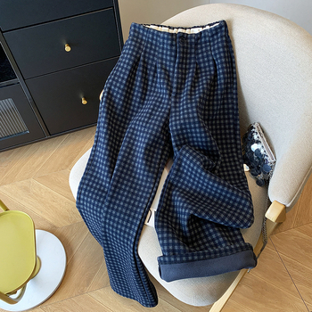 Ženske široke hlače s visokim pasom, fleece podstava, karirani uzorak, 80-90% poliester