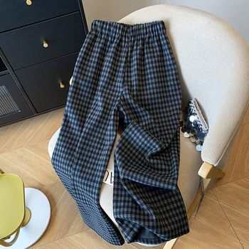 Ženske široke hlače s visokim pasom, fleece podstava, karirani uzorak, 80-90% poliester