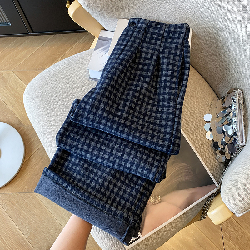 Ženske široke hlače s visokim pasom, fleece podstava, karirani uzorak, 80-90% poliester