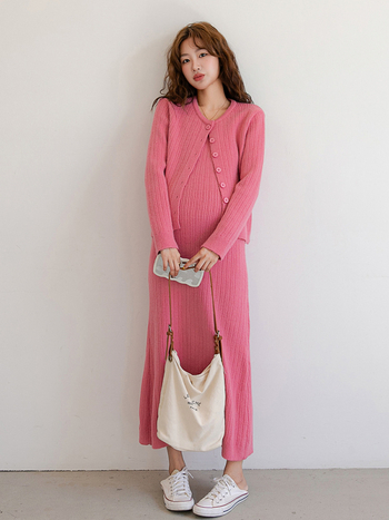 Trudnički pleteni set haljina — okrugli izrez, dugi rukavi, srednja duljina, A-linija suknja, japansko-korejski ležerni stil