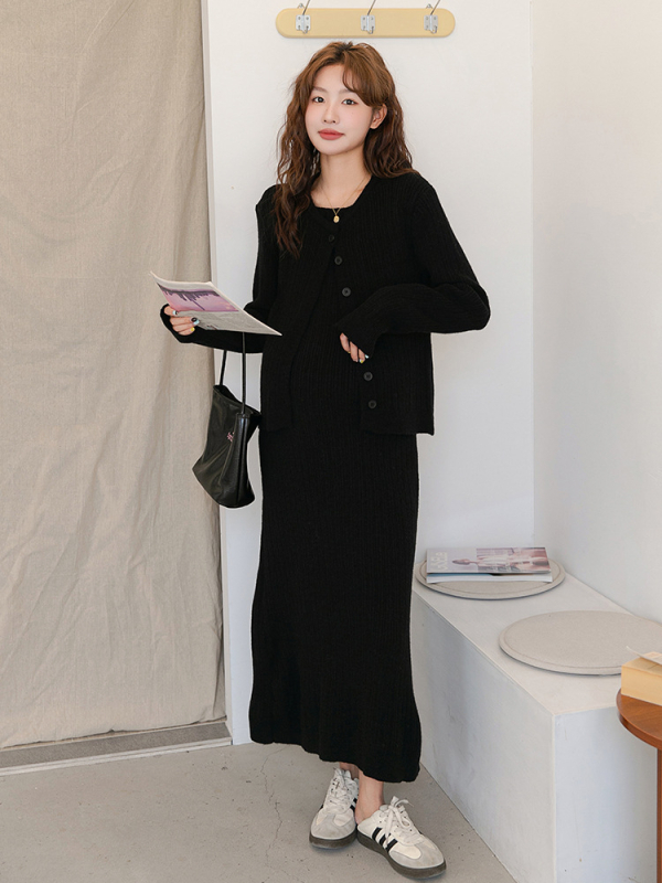 Trudnički pleteni set haljina — okrugli izrez, dugi rukavi, srednja duljina, A-linija suknja, japansko-korejski ležerni stil