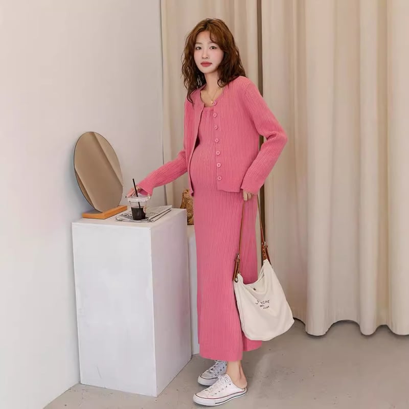 Trudnički pleteni set haljina — okrugli izrez, dugi rukavi, srednja duljina, A-linija suknja, japansko-korejski ležerni stil