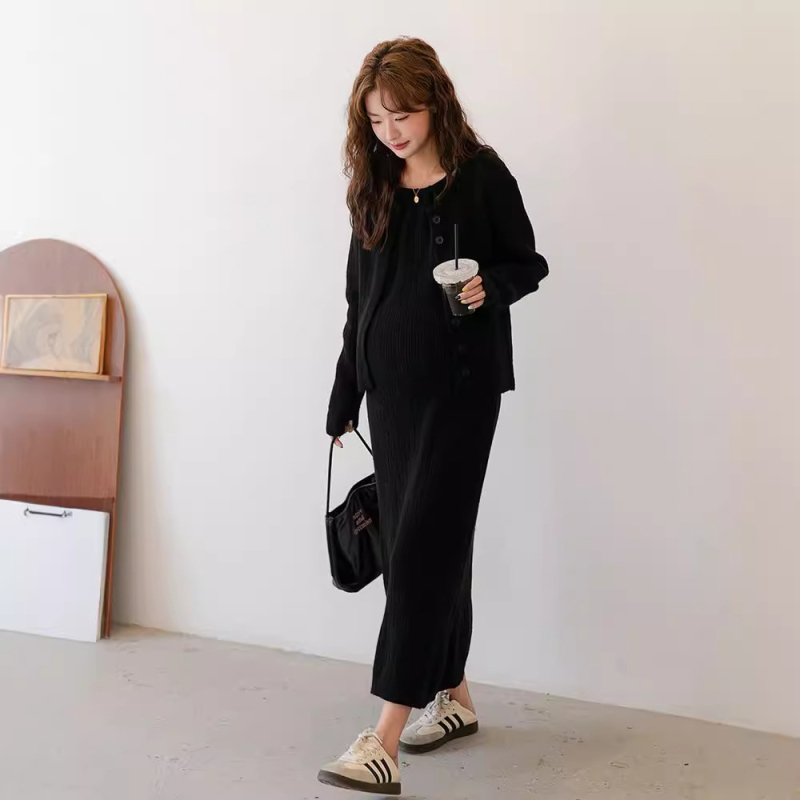 Trudnički pleteni set haljina — okrugli izrez, dugi rukavi, srednja duljina, A-linija suknja, japansko-korejski ležerni stil