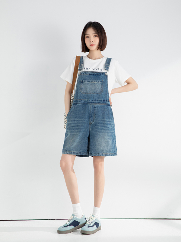 Εγκυμοσύνης ντένιμ οβέρλ, κορεατικό στυλ, ελεύθερη γραμμή, παντελόνια πέντε μήκη, βαμβάκι 70–80%, καλοκαίρι 2025