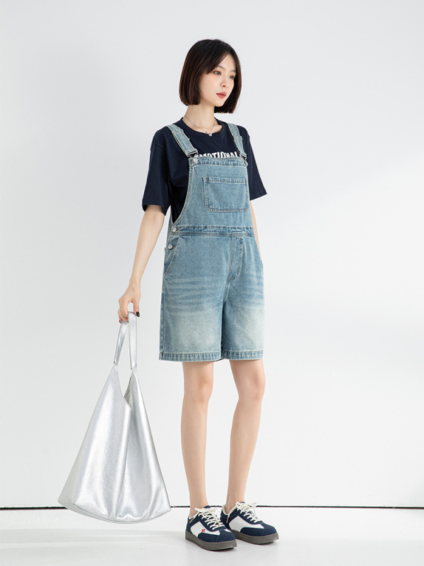 Εγκυμοσύνης ντένιμ οβέρλ, κορεατικό στυλ, ελεύθερη γραμμή, παντελόνια πέντε μήκη, βαμβάκι 70–80%, καλοκαίρι 2025