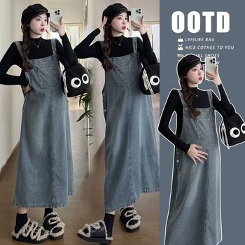 Set za trudnice od dva dijela: haljina i denim suknja s trakama, dugi rukav, otvor za dojenje, Chenille i Spandex