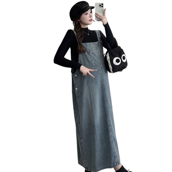 Set za trudnice od dva dijela: haljina i denim suknja s trakama, dugi rukav, otvor za dojenje, Chenille i Spandex