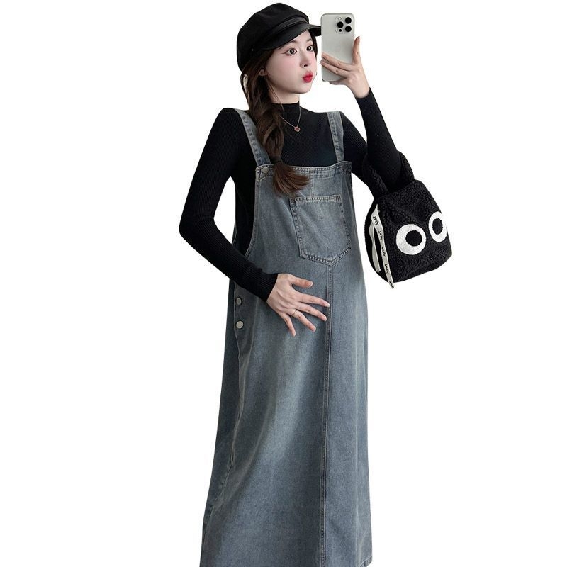 Set za trudnice od dva dijela: haljina i denim suknja s trakama, dugi rukav, otvor za dojenje, Chenille i Spandex