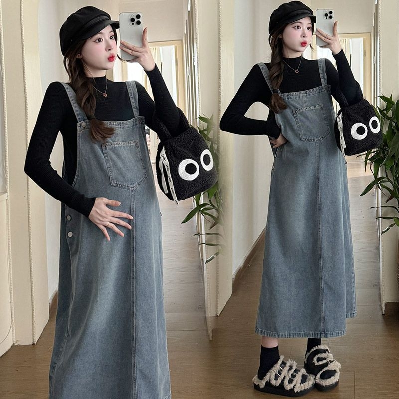 Set za trudnice od dva dijela: haljina i denim suknja s trakama, dugi rukav, otvor za dojenje, Chenille i Spandex