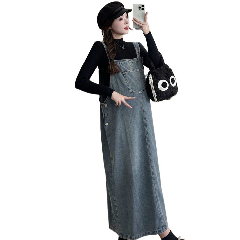 Set za trudnice od dva dijela: haljina i denim suknja s trakama, dugi rukav, otvor za dojenje, Chenille i Spandex