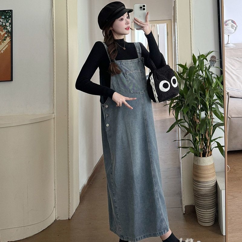 Set za trudnice od dva dijela: haljina i denim suknja s trakama, dugi rukav, otvor za dojenje, Chenille i Spandex