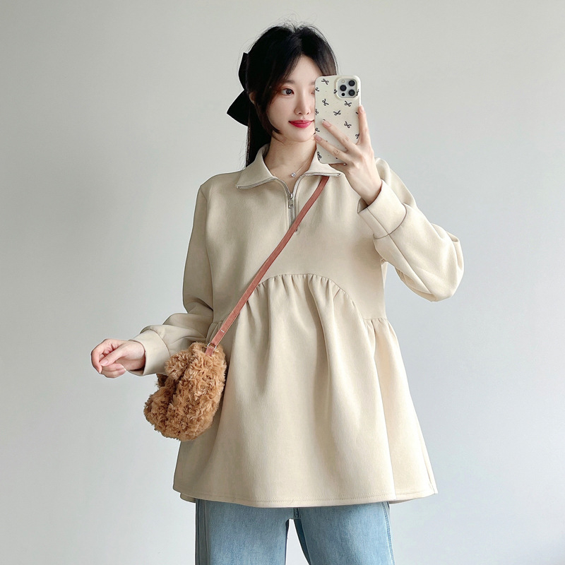 Set za trudnice: bluza Baby-Doll i cropped hlače, proljeće-jesen, jednobojni uzorak, rukavi latice, akril 95%+