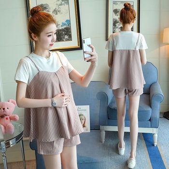 Trudnički dvodijelni set s prugama, ljeto 2024, 3/4 rukavi, 3/4 hlače, poliester 95%+