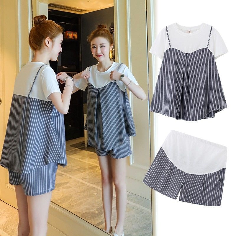 Trudnički dvodijelni set s prugama, ljeto 2024, 3/4 rukavi, 3/4 hlače, poliester 95%+