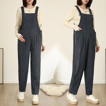 Overalls εγκύων για γυναίκες με μικρό ανάστημα – (Corduroy, 95% Polyester, Abdominal Support, Loose Fit, Micro-elastic)