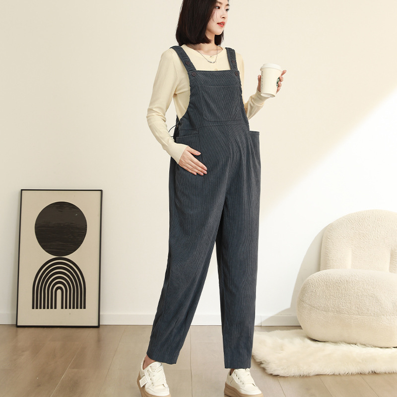 Overalls εγκύων για γυναίκες με μικρό ανάστημα – (Corduroy, 95% Polyester, Abdominal Support, Loose Fit, Micro-elastic)