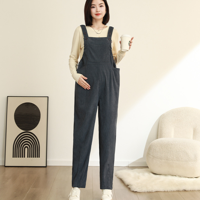 Overalls εγκύων για γυναίκες με μικρό ανάστημα – (Corduroy, 95% Polyester, Abdominal Support, Loose Fit, Micro-elastic)