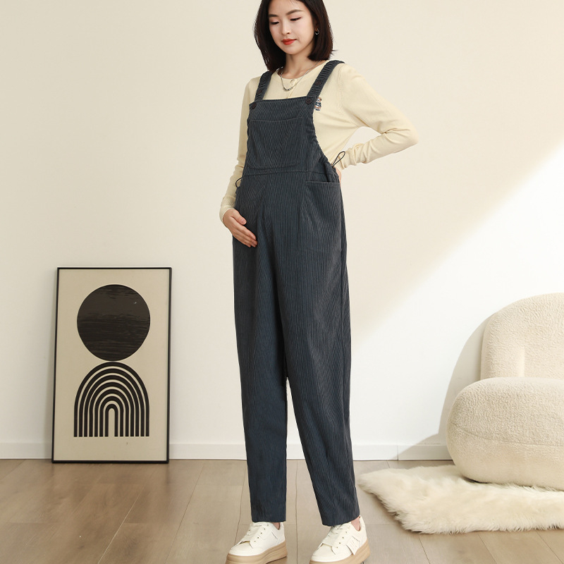Overalls εγκύων για γυναίκες με μικρό ανάστημα – (Corduroy, 95% Polyester, Abdominal Support, Loose Fit, Micro-elastic)