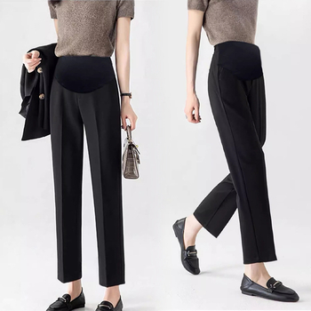 Παντελόνια γραφείου για εγκύους – φαρδιά γραμμή, ψηλή μέση, υποστήριξη κοιλιάς; υφασμάτινο νάιλον με σπάντεξ (50–70% νάιλον, <30% σπάντεξ), φλίς εσωτερική επένδυση, φθινόπωρο–χειμώνες 2025