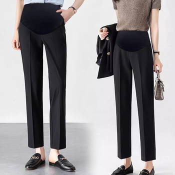 Παντελόνια γραφείου για εγκύους – φαρδιά γραμμή, ψηλή μέση, υποστήριξη κοιλιάς; υφασμάτινο νάιλον με σπάντεξ (50–70% νάιλον, <30% σπάντεξ), φλίς εσωτερική επένδυση, φθινόπωρο–χειμώνες 2025