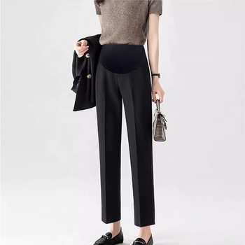 Παντελόνια γραφείου για εγκύους – φαρδιά γραμμή, ψηλή μέση, υποστήριξη κοιλιάς; υφασμάτινο νάιλον με σπάντεξ (50–70% νάιλον, <30% σπάντεξ), φλίς εσωτερική επένδυση, φθινόπωρο–χειμώνες 2025