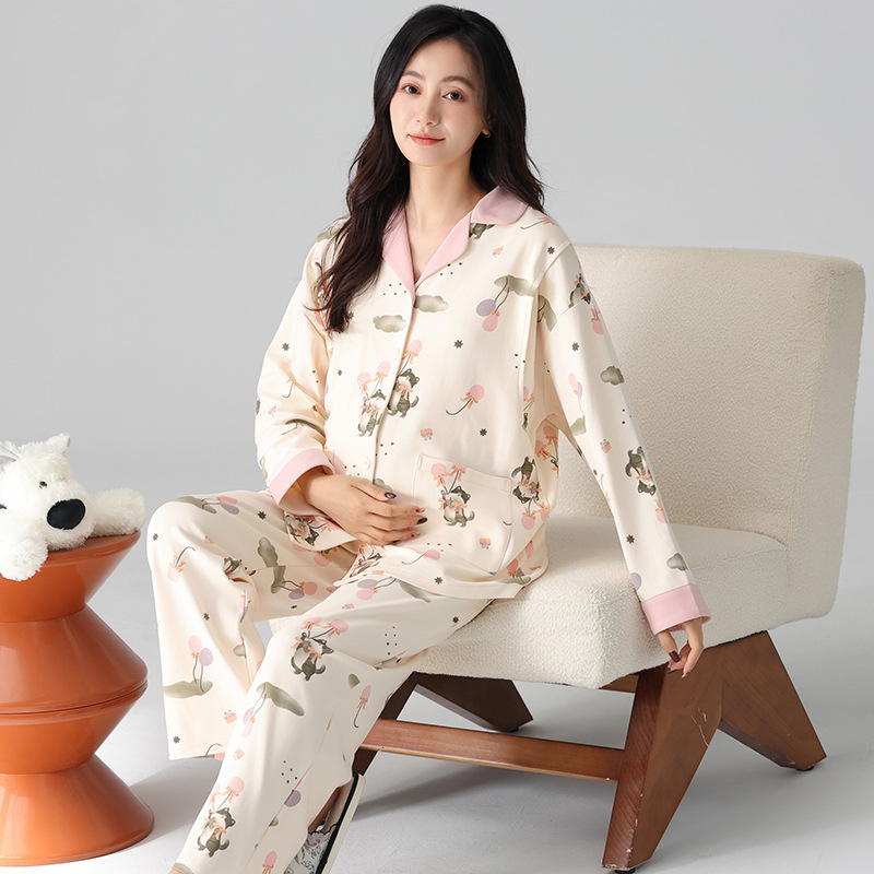 Materinski set pidžama s kardiganom od 100% pamuka – dugi rukavi, hlače, srednja debljina (181–200 g/m²), pogodna za proljeće i jesen.