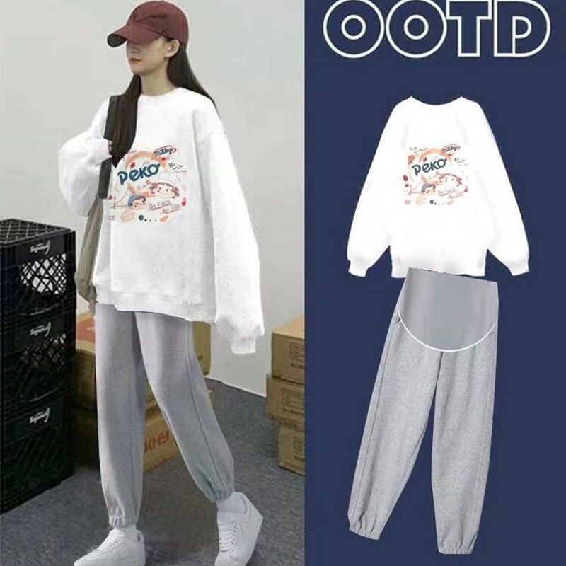 Trudnički set: top i hlače od pamuka, labav kroj, dugi rukavi, 80–90% pamuka, jesenski japansko-korejski casual stil