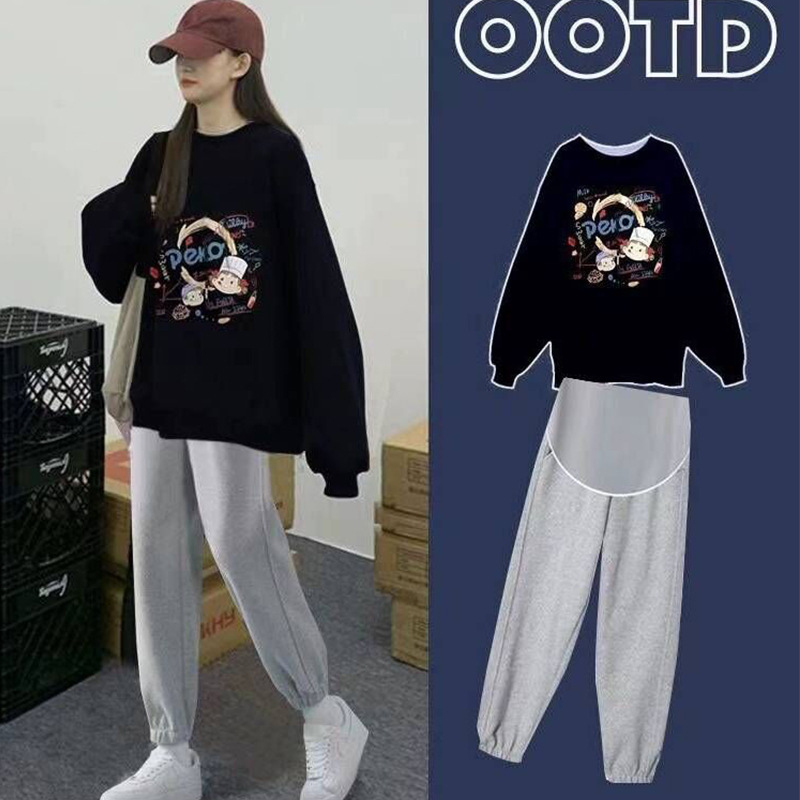 Trudnički set: top i hlače od pamuka, labav kroj, dugi rukavi, 80–90% pamuka, jesenski japansko-korejski casual stil