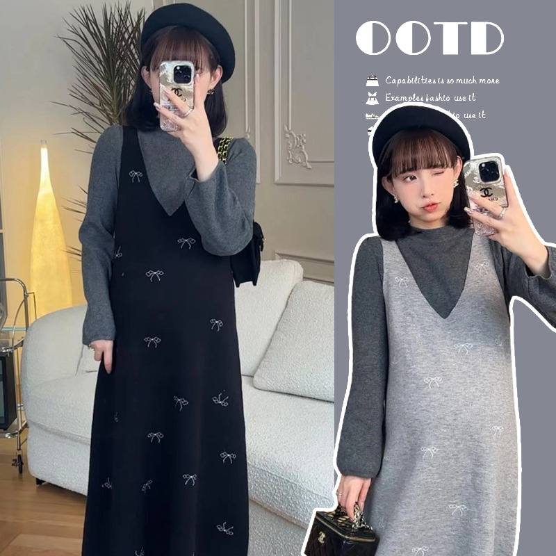 Set za trudnice: usklađeni najlonski materijal 80–90%, 3/4 rukavi, midi suknja, jesen-zima