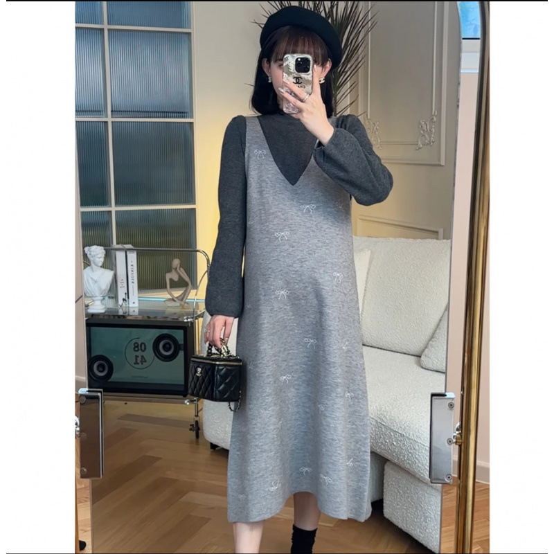 Set za trudnice: usklađeni najlonski materijal 80–90%, 3/4 rukavi, midi suknja, jesen-zima