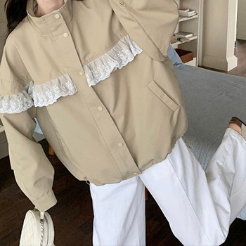 Ženska windbreaker jakna s čipkastim spojem, poliester, stojeći ovratnik, kapuljača, normalan kroj