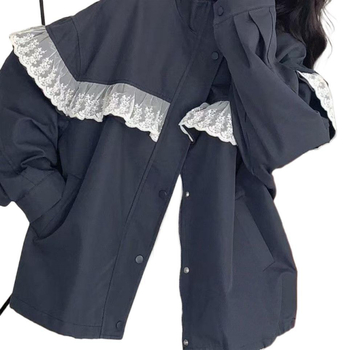 Ženska windbreaker jakna s čipkastim spojem, poliester, stojeći ovratnik, kapuljača, normalan kroj