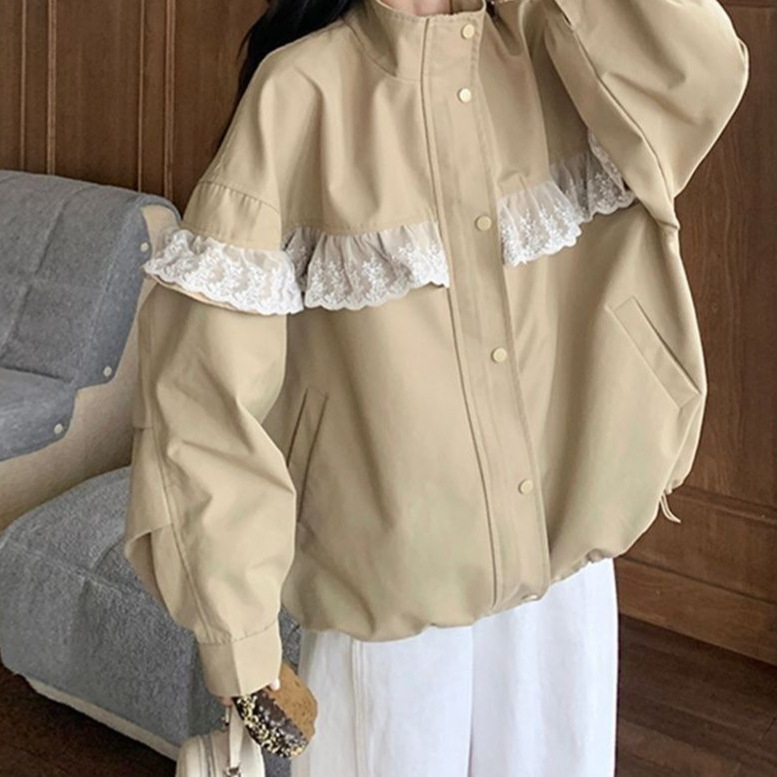 Ženska windbreaker jakna s čipkastim spojem, poliester, stojeći ovratnik, kapuljača, normalan kroj