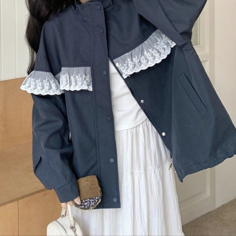Ženska windbreaker jakna s čipkastim spojem, poliester, stojeći ovratnik, kapuljača, normalan kroj