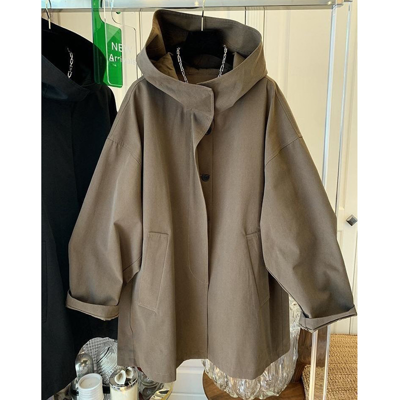 Ženski kapuljačasti trench kaput srednje duljine, pamuk-poliester mješavina, udoban kroj, dugi rukavi, casual japansko-korejski stil, jesen 2024