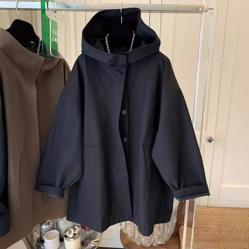 Ženski kapuljačasti trench kaput srednje duljine, pamuk-poliester mješavina, udoban kroj, dugi rukavi, casual japansko-korejski stil, jesen 2024